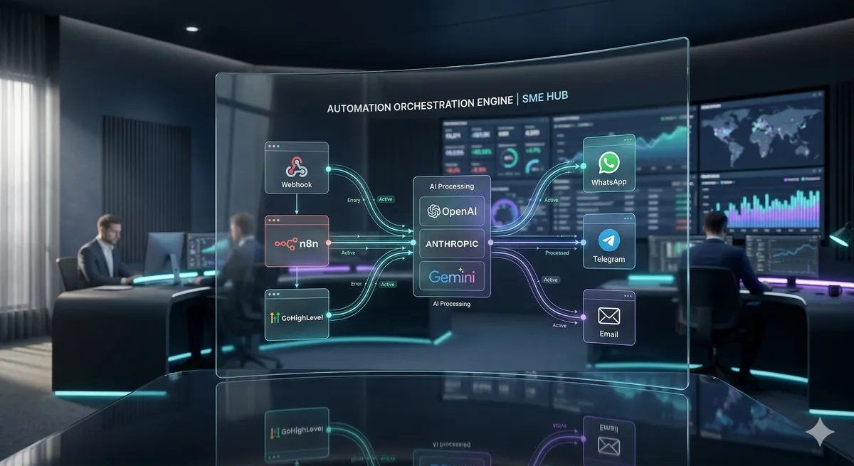 Workflow toolstack diagram voor AI-automatisering met n8n, GoHighLevel en LLM's