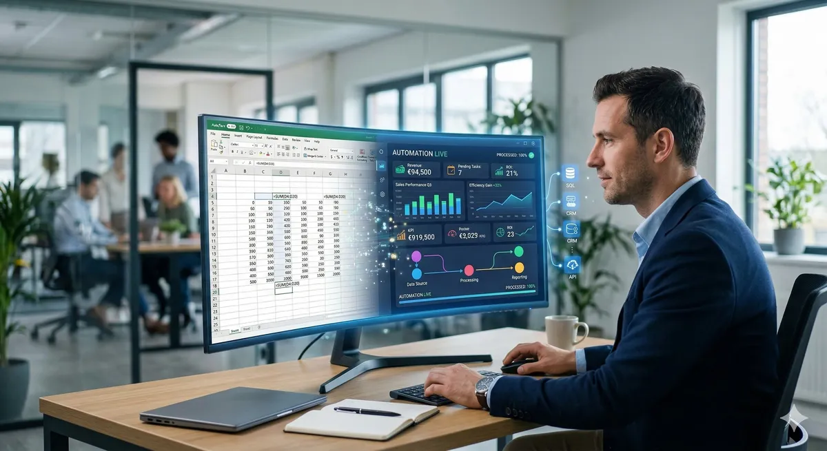 Spreadsheetraster dat overgaat in een modern dashboard als symbool voor Excel automatisering zonder ERP