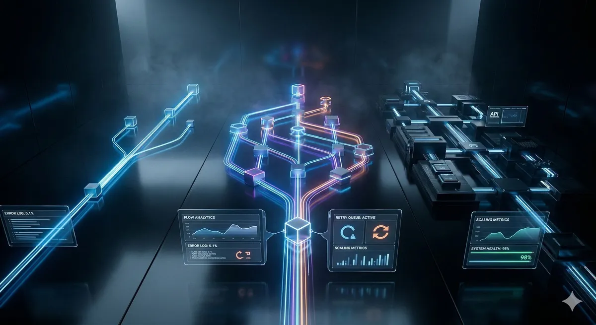 Workflow blueprint met geometrische nodes die automationtoolopties voorstellen