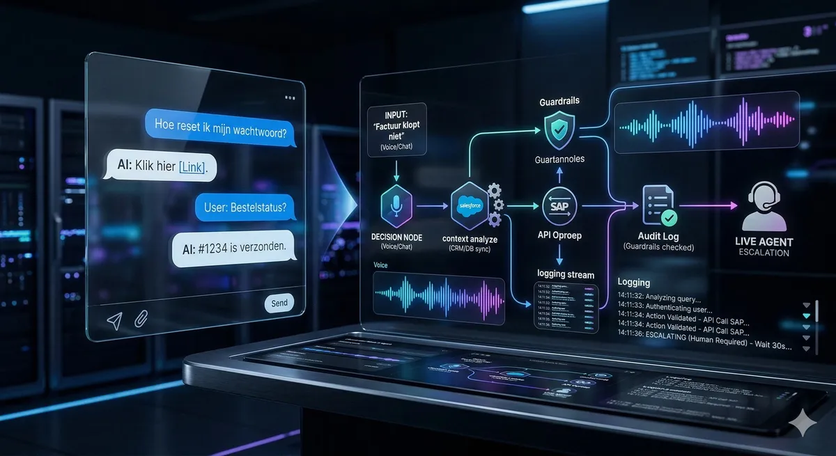 Abstract diagram van chat- en voice-interacties die overgaan in gestructureerde AI-workflows
