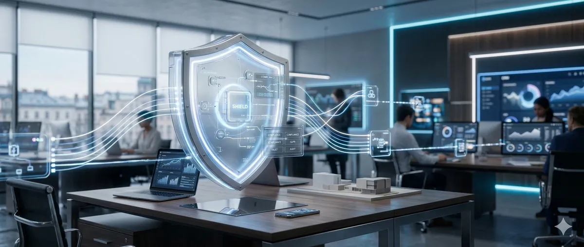 Abstract schild met workflow nodes die verantwoorde AI-governance voorstellen