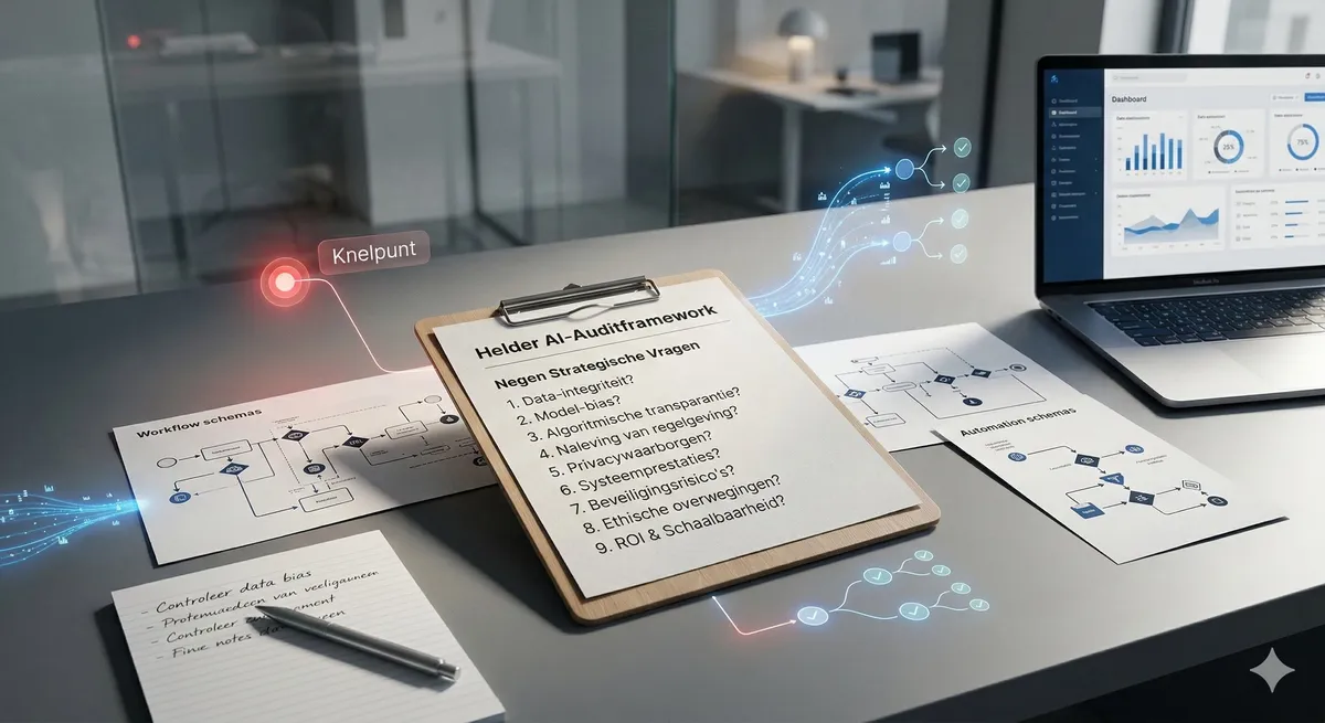 Klembord met een AI-auditframework naast workflow- en automatiseringsschema's