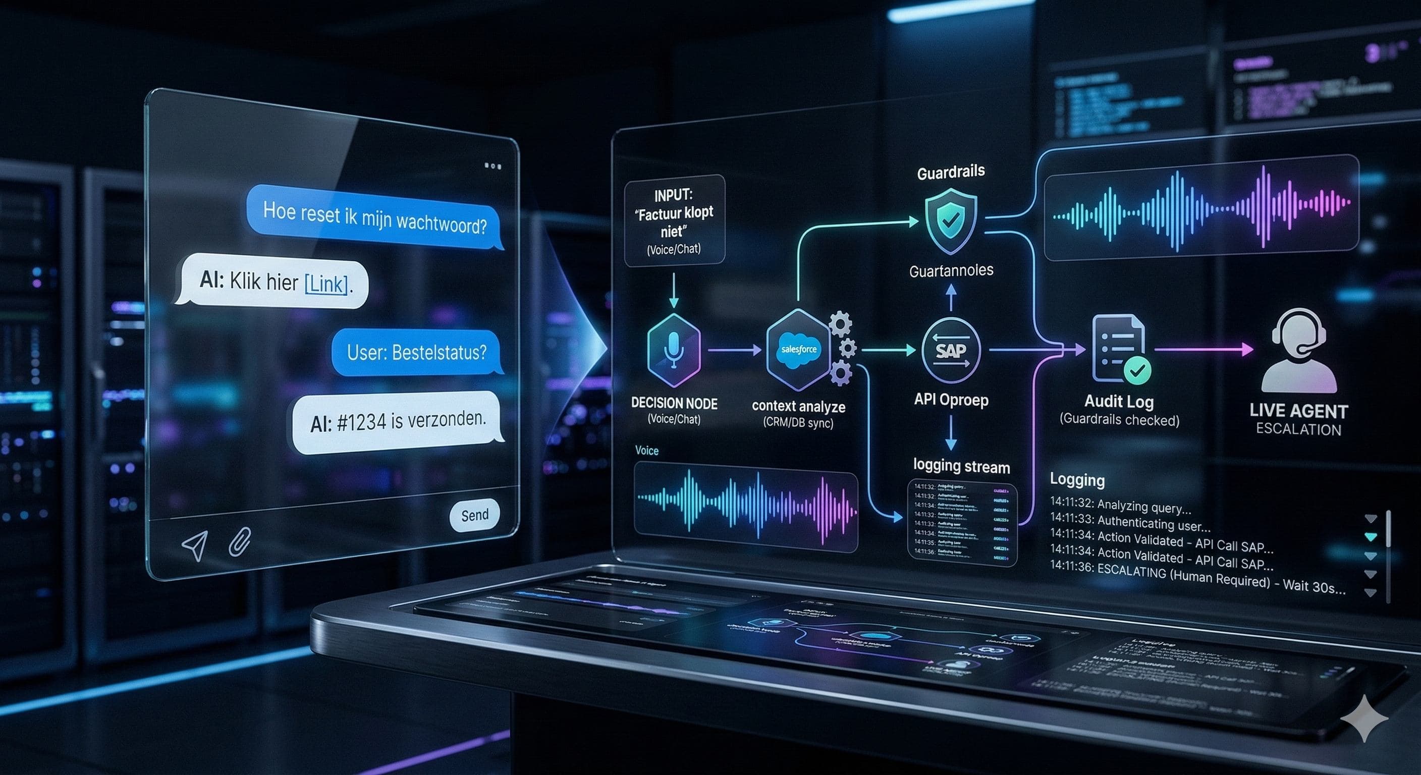 Abstract diagram of chat and voice interactions turning into structured AI workflows